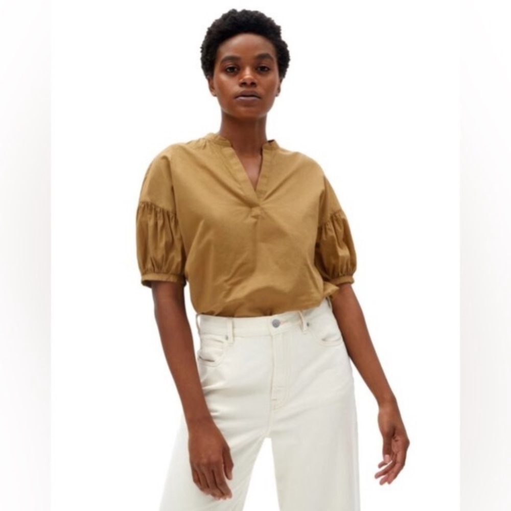 Everlane Dark Olive Cotton Puff Sleeve Popover Blouse Size 10